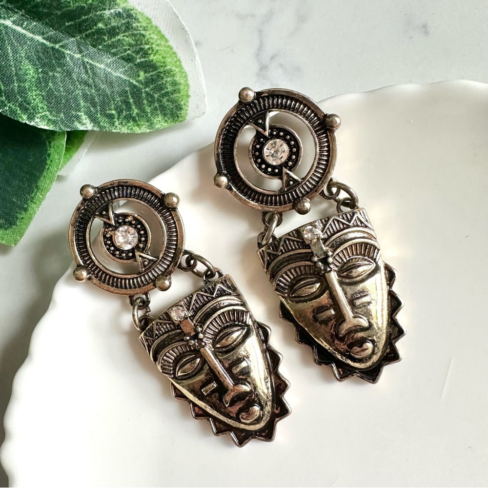 2/$30🌵 Ancient Tribal Mask Antiqued Gold Earrings Bohemian Jewelry Gift NEW
